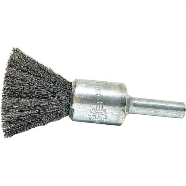 Brush Research Mfg. - 1/2" Brush Diam, Crimped, End Brush - 1/4" Diam Steel Shank, 20,000 Max RPM - Makers Industrial Supply