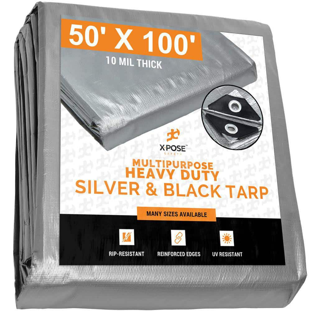 Tarp/Dust Cover: Silver & Black, Rectangle, Polyethylene, 100' Long x 50' Wide, 10 mil Polyethylene, Rectangle