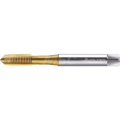 Spiral Point Tap: M1.6, Metric & DIN 371, 2 Flutes, Plug, 6H, HSS-E, TiN Finish 7 mm Thread Length, 45 mm OAL, Right Hand, Series TC216