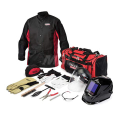 Size L Black & Red Leather Welding Jacket with Gloves, Sleeves & Ratchet Hard Hat with Face Shield 3.34″ x 3.78″ Distortion-Free Glass, Includes Gear Bag