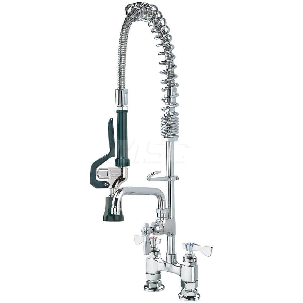 Kitchen & Bar Faucets; Type: Deck Mount Faucet; Style: Pre-Rinse; Mount: Deck; Design: Base Mounted; Handle Type: Lever; Spout Type: Swing Spout/Nozzle; Mounting Centers: 4; Finish/Coating: Chrome Plated Brass; Type: Deck Mount Faucet; Special Item Inform