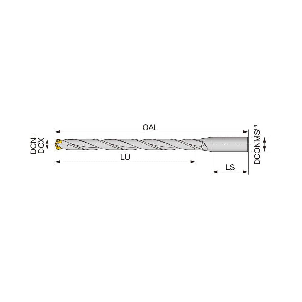 Replaceable Tip Drill: 0.4134 to 0.4291'' Drill Dia, 5.039″ Max Depth, 0.625'' Straight-Cylindrical Shank Uses DMP Inserts, 7.48″ OAL, Through Coolant