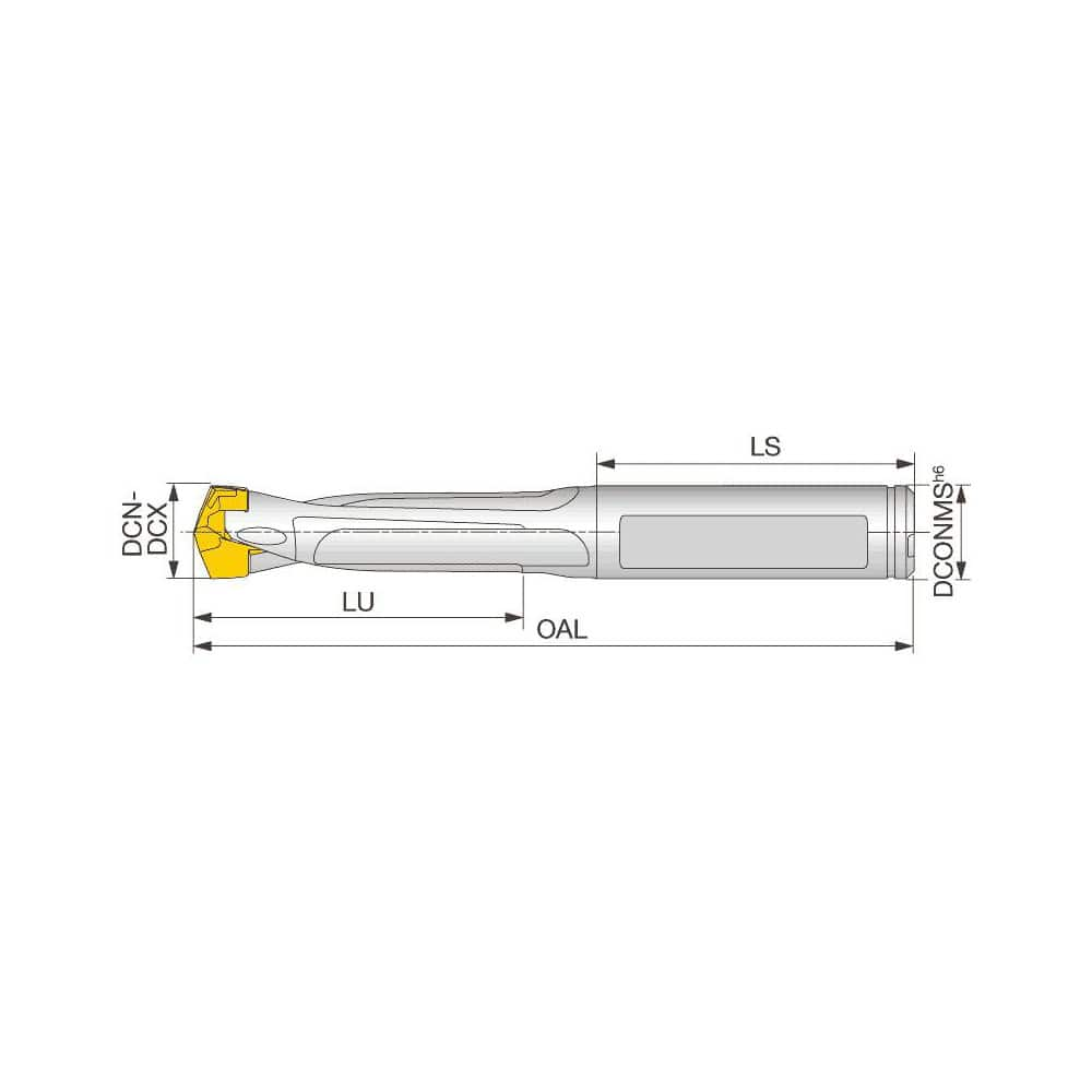 Replaceable Tip Drill: 9 to 9.4 mm Drill Dia, 27 mm Max Depth, 9 mm Weldon Flat Shank Uses DMP Inserts, 74.7 mm OAL, Through Coolant