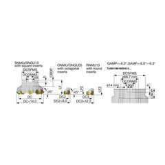 Indexable Chamfer & Angle Face Mills; Minimum Cutting Diameter (mm): 63.00; Maximum Cutting Diameter (mm): 77.00; Maximum Depth of Cut (mm): 6.00; Arbor Hole Diameter (mm): 22.00; Lead Angle: 45; Compatible Insert Size Code: SNMU1307ANEN-MJ; RNMU1307ZNER-