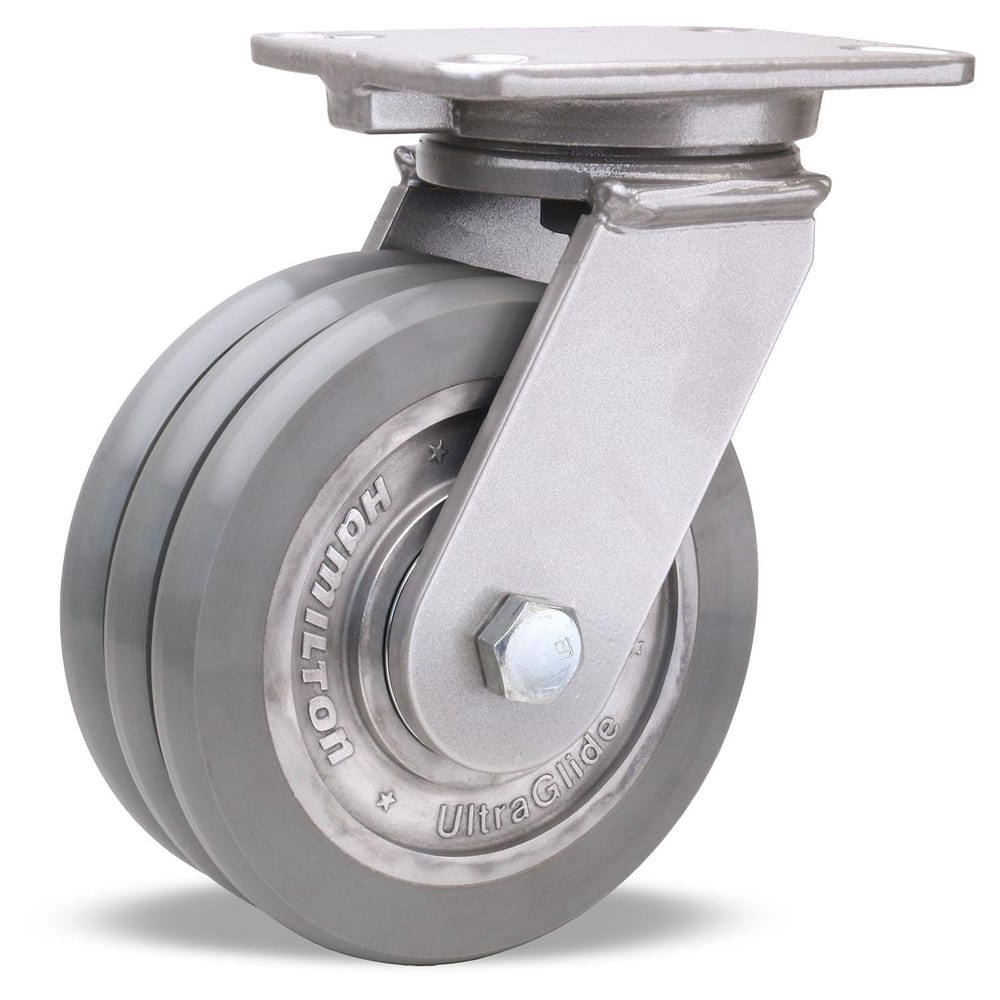 Swivel Top Plate Caster: Polyurethane on Aluminum, 8″ Wheel Dia, 2″ Wheel Width, 4,000 lb Capacity, 10-1/2″ OAH 7.25″ Plate Length, 5.25″ Plate Width, Non-Marking