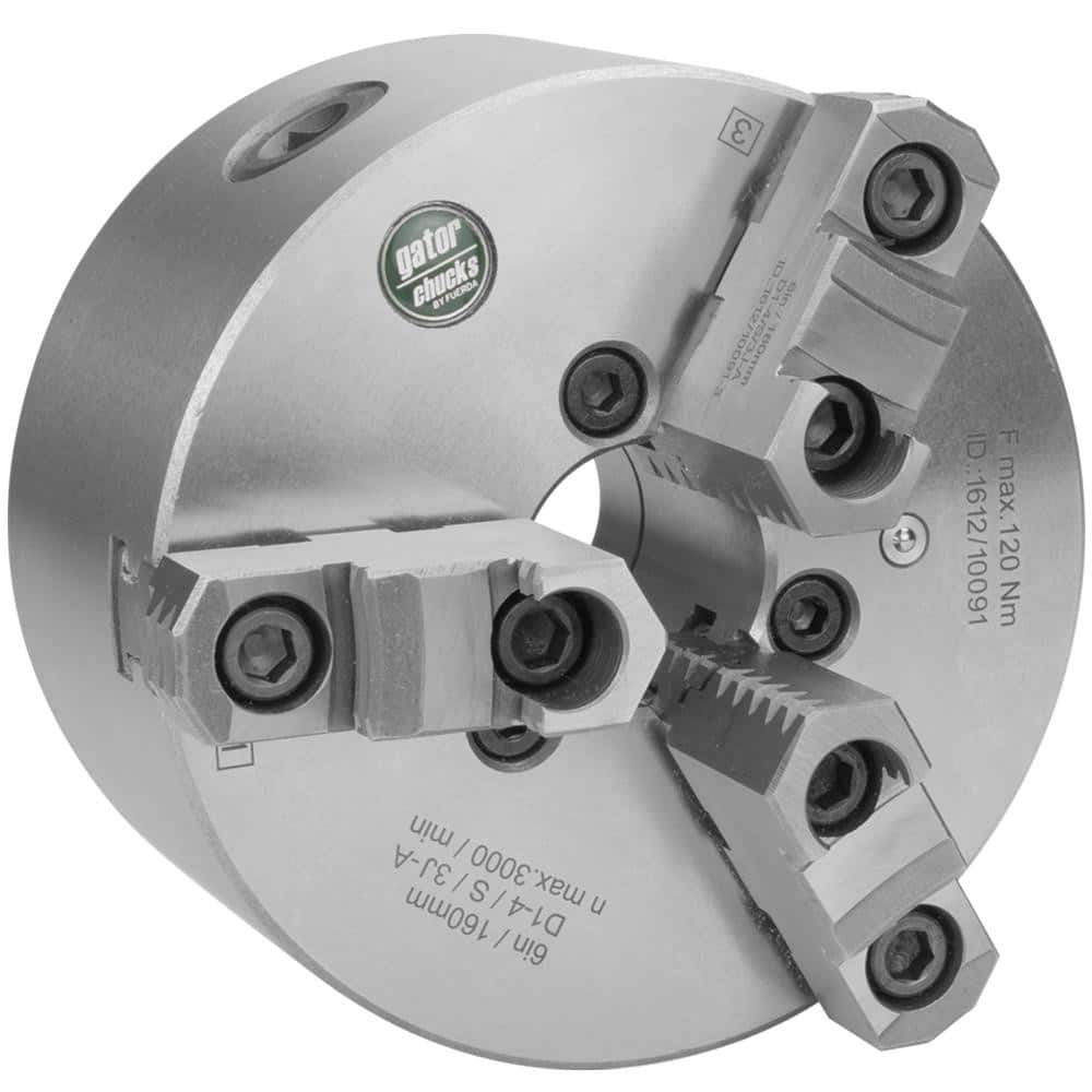 Self-Centering Manual Lathe Chuck: 3-Jaw,  6″ Dia Two-Piece Jaws, Direct & D1-4 Mount, 3,000 Max RPM