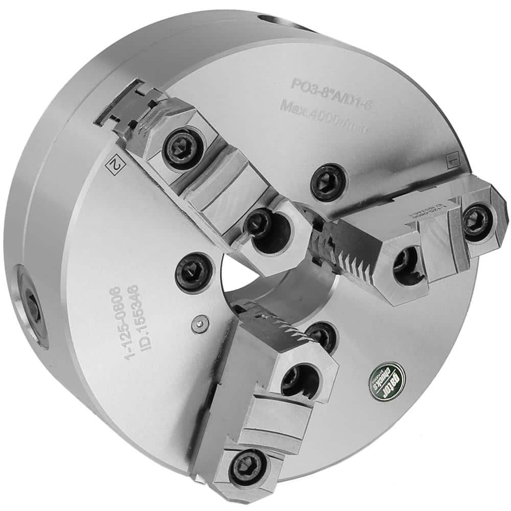 Self-Centering Manual Lathe Chuck: 3-Jaw,  8″ Dia Two-Piece Jaws, Direct & D1-5 Mount, 4,000 Max RPM