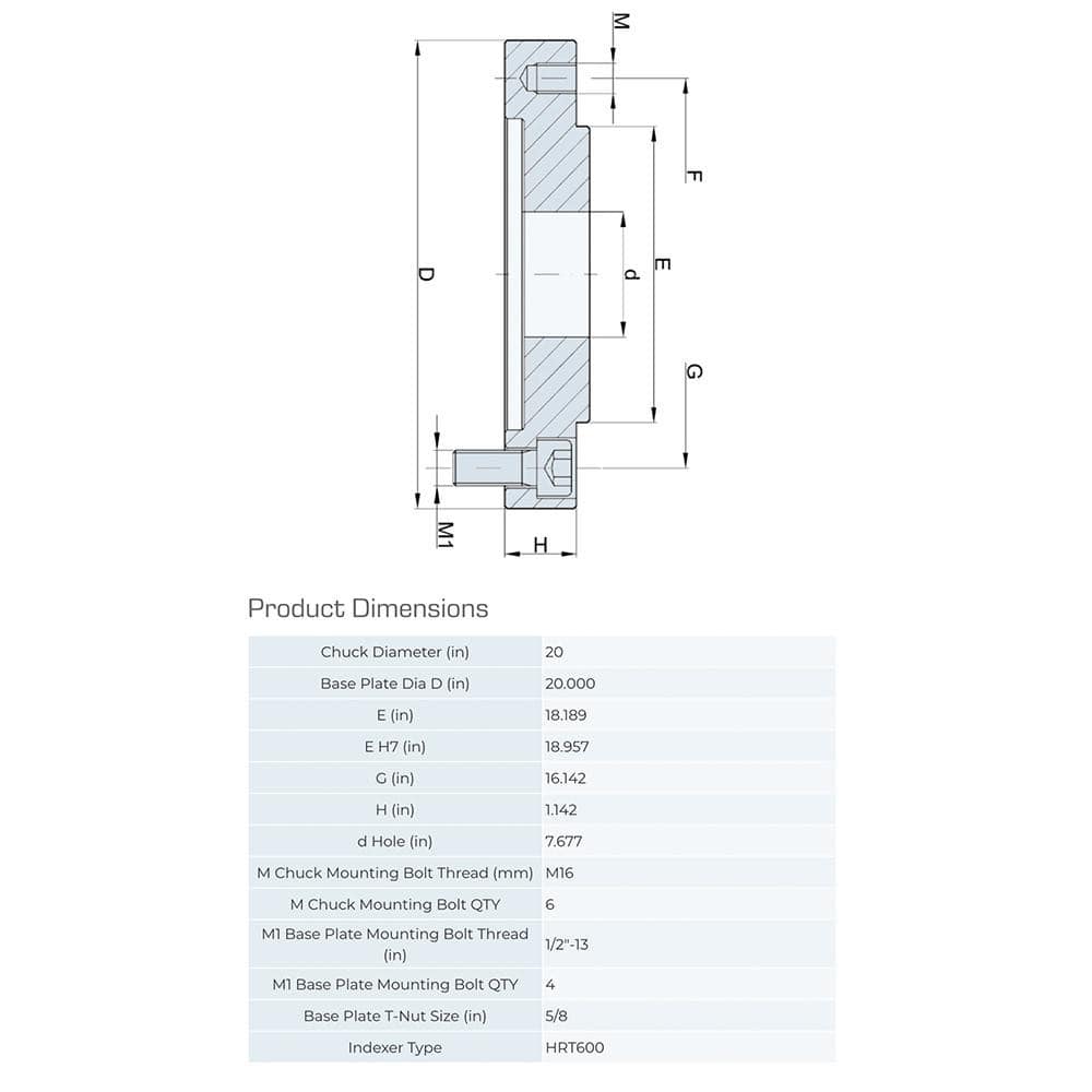 Lathe Chuck Adapter Back Plates; Nominal Chuck Size: 20 in; Mount Type: Slotted Table; Spindle Nose Type: Slotted Table; Chuck Compatibility: 1-207-2001; Through-hole Diameter: 7.677 in; Chuck Diameter Compatibility: 20 in; Material: Steel; Chuck Diameter