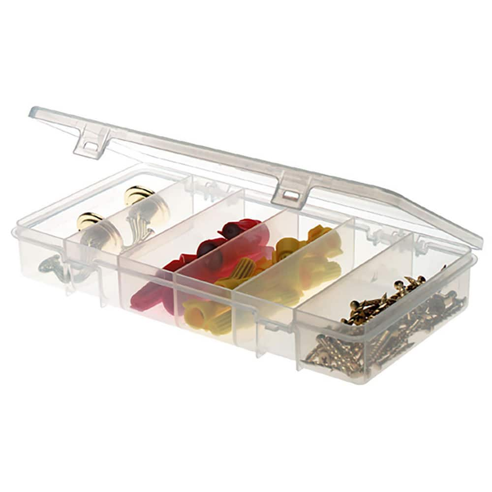 Small Parts Boxes & Organizers; Product Type: Compartment Box; Lock Type: Tension Latch; Width (Inch): 4; Number of Dividers: 0; Removable Dividers: No; Color: Clear; Features: 6 Fixed Compartments; Number Of Compartments: 6; Depth (Decimal Inch): 1.3800;