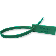 Security Seals; Type: Tamper-Evident Plastic Seal; Overall Length (Decimal Inch): 13.50; Operating Length: 11 in; Breaking Strength: 112.000; Material: Polypropylene; Color: Green; Color: Green; Overall Length: 13.50; Material: Polypropylene; Product Type