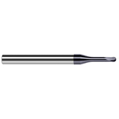 Ball End Mill: 0.093″ Dia, 0.074″ LOC, 2 Flute, Solid Carbide 2-1/2″ OAL, 1/4″ Shank Dia, 20 ° Helix, AlTiN Coated, Single End