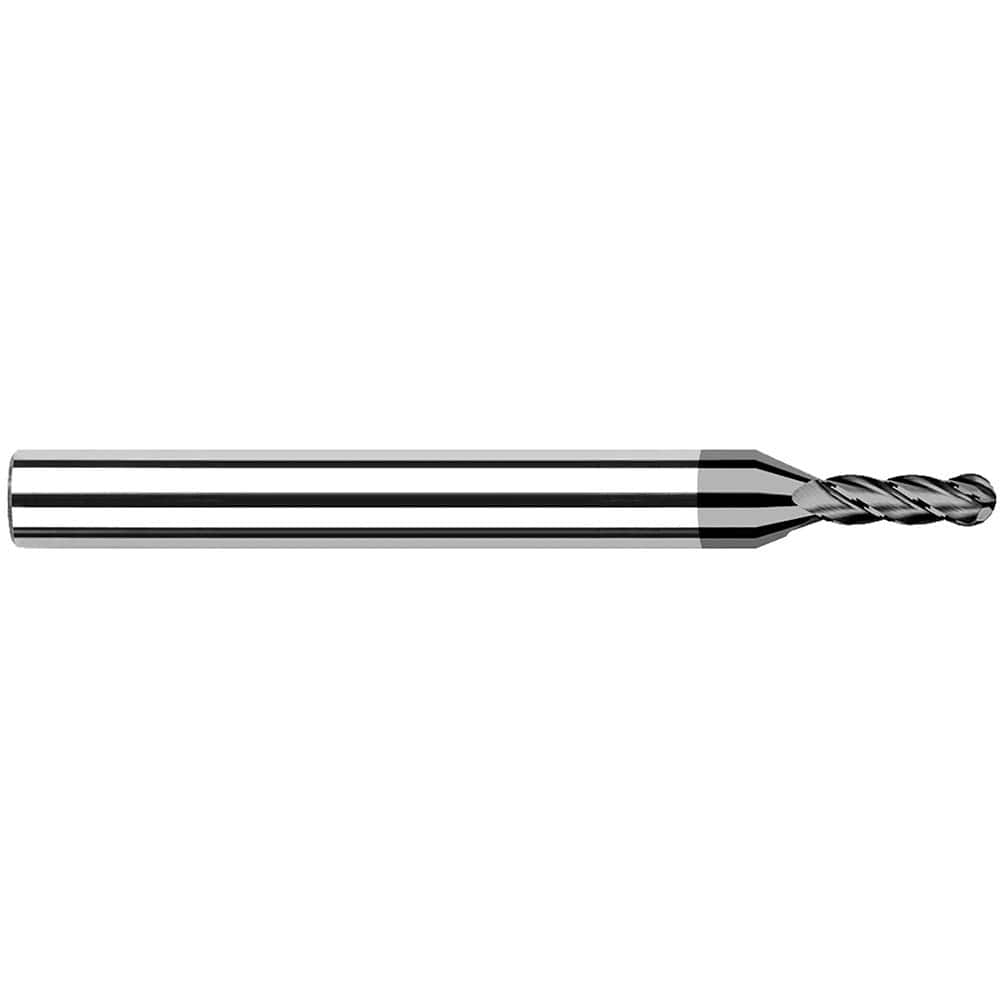 Ball End Mill: 0.1875″ Dia, 0.57″ LOC, 4 Flute, Solid Carbide 2″ OAL, 3/16″ Shank Dia, 30 ° Helix, CVD Coated, Single End