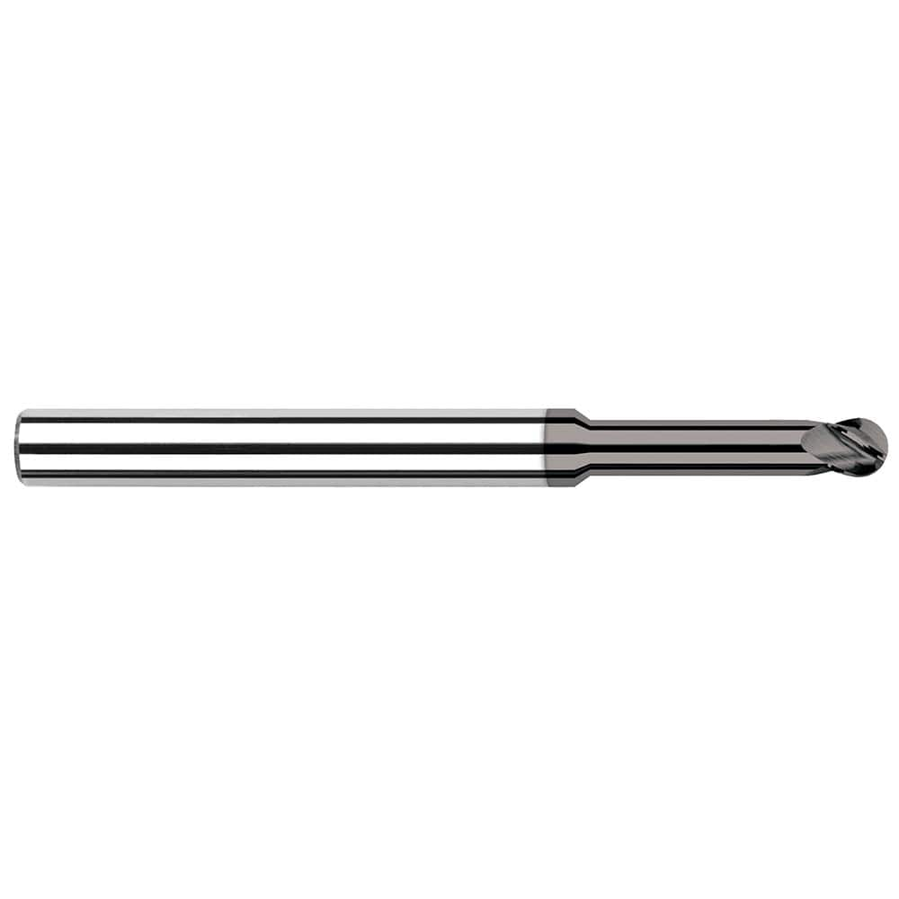 Ball End Mill: 0.04″ Dia, 0.06″ LOC, 4 Flute, Solid Carbide 2-1/2″ OAL, 1/8″ Shank Dia, 30 ° Helix, CVD Coated, Single End