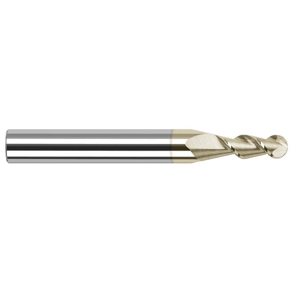 Ball End Mill: 0.05″ Dia, 0.15″ LOC, 2 Flute, Solid Carbide 1-1/2″ OAL, 1/8″ Shank Dia, 45 ° Helix, ZrN Coated, Single End