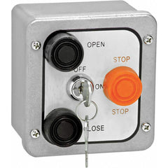 Garage Door Hardware; Type: Control Station with Lockout, Nema 4 Exterior Purpose, Surface Mount; For Use With: Commercial Doors; Commercial Gate Openers; Material: Metal; Overall Length: 2.63; Overall Width: 4; Overall Height: 4.375; Number of Buttons: 3