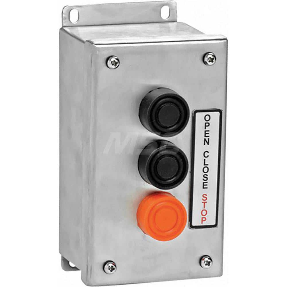 Garage Door Hardware; Type: Control Station, NEMA 4X, Surface Mount; For Use With: Commercial Doors; Commercial Gate Openers; Material: Stainless Steel; Overall Length: 3.50; Overall Width: 4; Overall Height: 6.75; Number of Buttons: 3; Length (Inch): 3.5