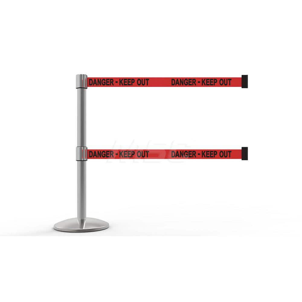 Free Standing Retractable Belt Barrier Post: 40″ High, 2.4″ Dia, Aluminum Post Cast Iron, Red & Silver