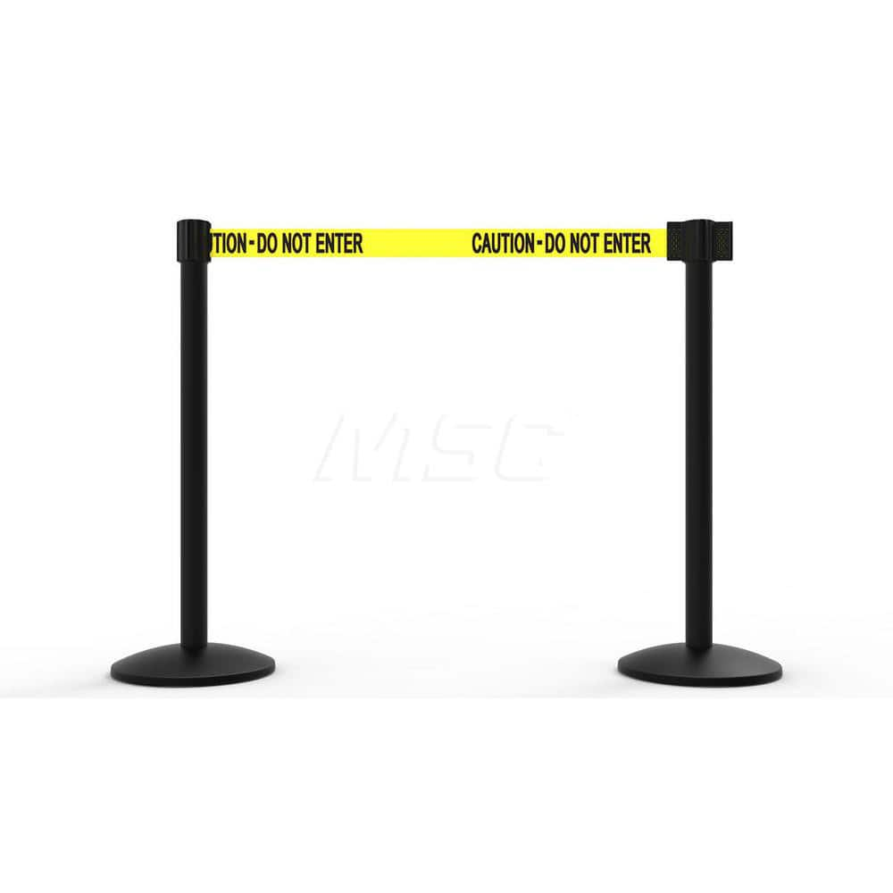 Free Standing Retractable Belt Barrier Post: 40″ High, 2.4″ Dia, Aluminum Post Cast Iron, Black & Yellow