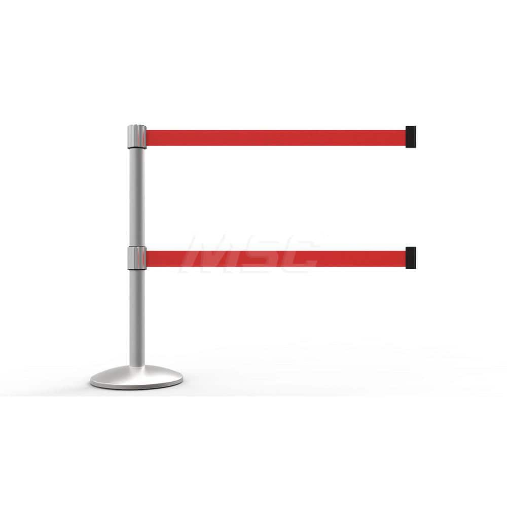 Free Standing Retractable Belt Barrier Post: 40″ High, 2.4″ Dia, Aluminum Post Cast Iron, Red & Silver