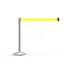 Free Standing Retractable Belt Barrier Post: 40″ High, 2.4″ Dia, Aluminum Post Cast Iron, Silver & Yellow