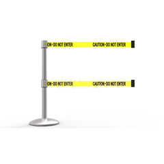 Free Standing Retractable Belt Barrier Post: 40″ High, 2.4″ Dia, Aluminum Post Cast Iron, Silver & Yellow