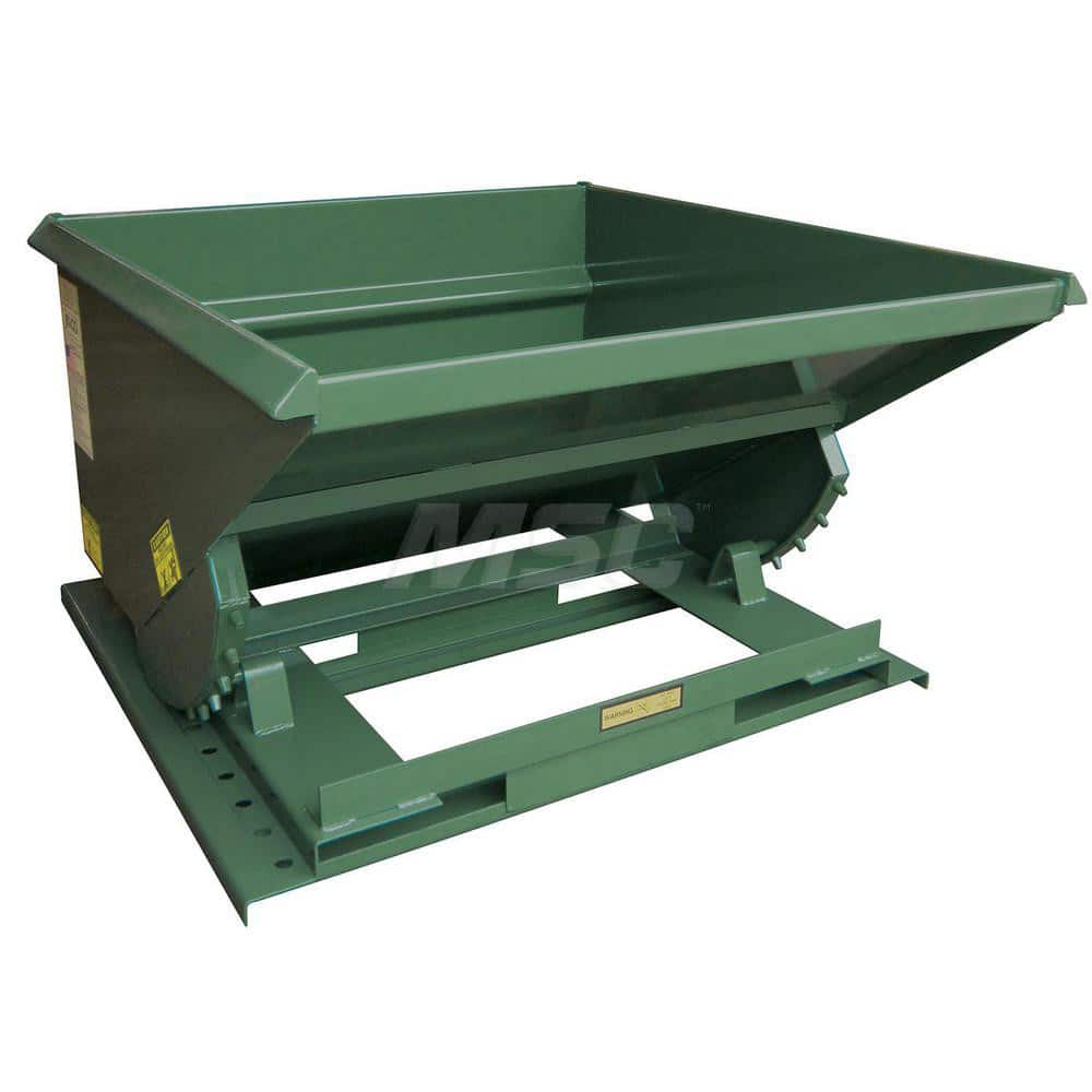 Stationary Tilt Hopper: 4,000 lb Capacity, 42″ Wide, 62″ Long, 37″ High Green, Powder Coated Steel, Hand Control