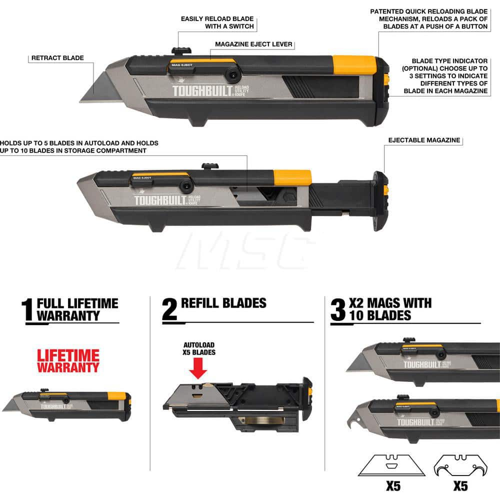 Utility Knife: 6″ Handle Length, Retractable Plastic Handle, 1″ Blade Length