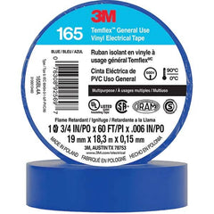 Electrical Tape: 3/4″ Wide, 60' Long, 6 mil Thick, Blue 32 to 194 ° F Operating Temp, 1,000 V/mil, Series 3M ™ Temflex ™ 165