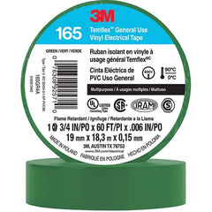 Electrical Tape: 3/4″ Wide, 60' Long, 6 mil Thick, Green 32 to 194 ° F Operating Temp, 1,000 V/mil, Series 3M ™ Temflex ™ 165