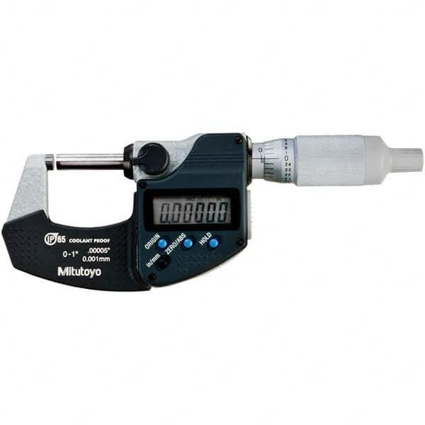 Electronic Outside Micrometer: 1″, Carbide Tipped Measuring Face, IP65 0.00005″ Resolution,  ±0.00010″Accuracy, Ratchet Stop Thimble