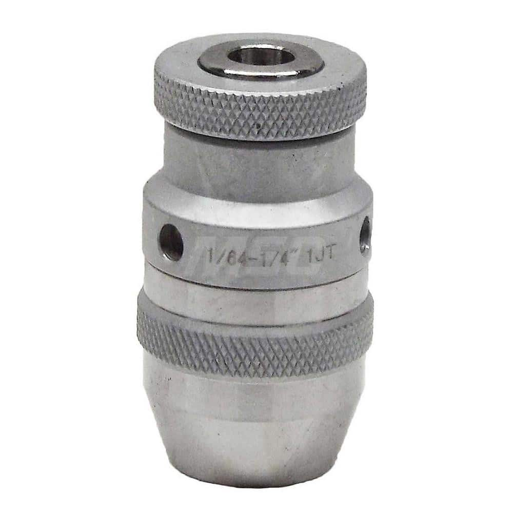 Drill Chuck: 1/64 to 1/4″ Capacity, Jacob Taper Mount, JT1 Keyless