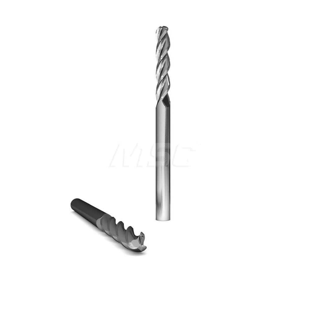 Ball End Mill: 0.375″ Dia, 3 Flute, Solid Carbide 4″ OAL, 3/8″ Shank Dia, 37 ° Helix, Uncoated, Single End, Series 2045