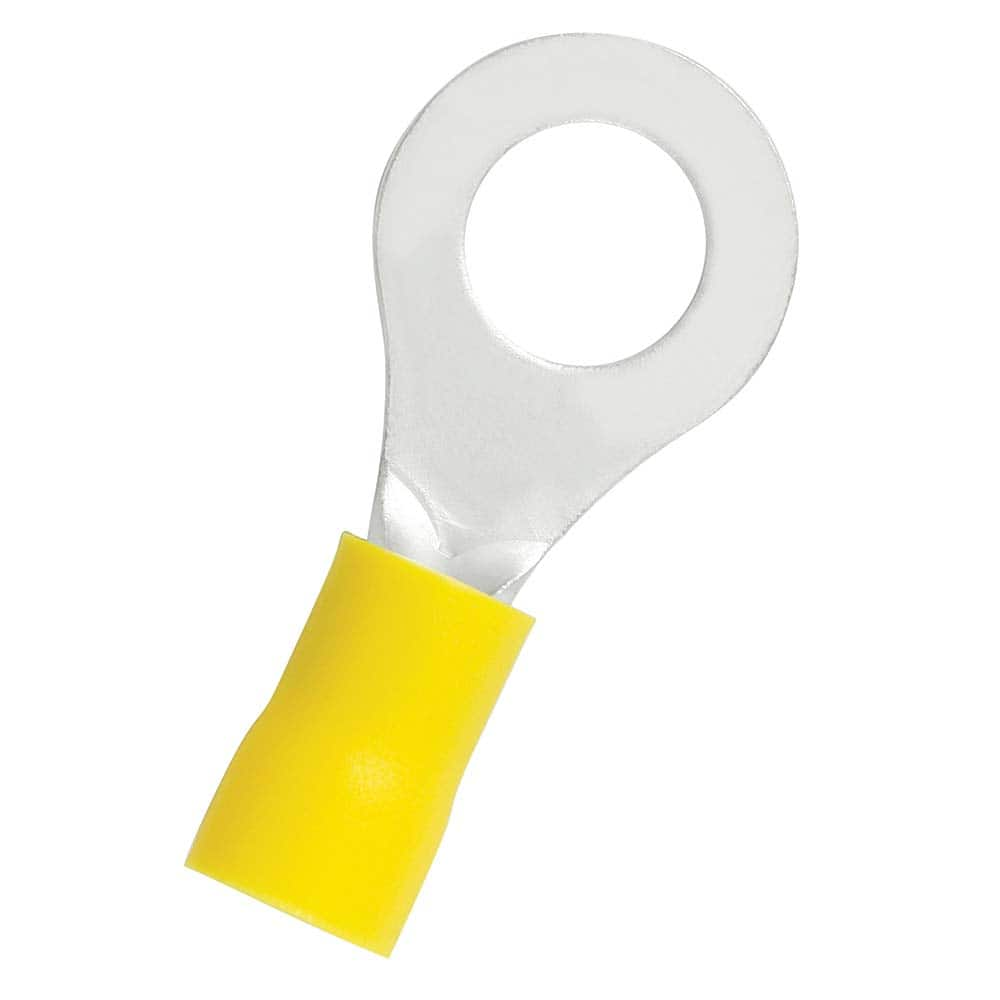 Circular Ring Terminal: Partially Insulated, 12 to 10 AWG, Crimp Connection 1.339″ Long, 0.591″ Wide, Copper Contact, Yellow