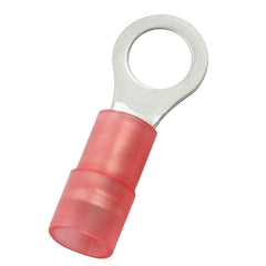 Circular Ring Terminal: Partially Insulated, 22 to 16 AWG, Crimp Connection #10 Stud, 0.858″ Long, 0.315″ Wide, Copper Contact, Red