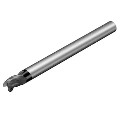 Corner Radius End Mill: 5/8″ Dia, 3/4″ LOC, 0.033″ Radius, 3 Flutes, Solid Carbide 6″ OAL, 5/8″ Shank Dia, 38 ° Helix, AlTiN Coated, Corner Radius End, Centercutting, Series CoroMill Dura