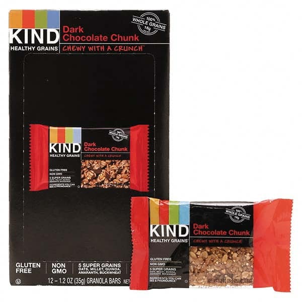 KIND - Snacks, Cookies, Candy & Gum Breakroom Accessory Type: Granola Bars Breakroom Accessory Description: Healthy Grains Bar, Dark Chocolate Chunk, 1.2 oz, 12/Box - Makers Industrial Supply