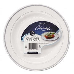 WNA - Masterpiece Plastic Plates, 9 in, White w/Silver Accents, Round, 120/Carton - Makers Industrial Supply