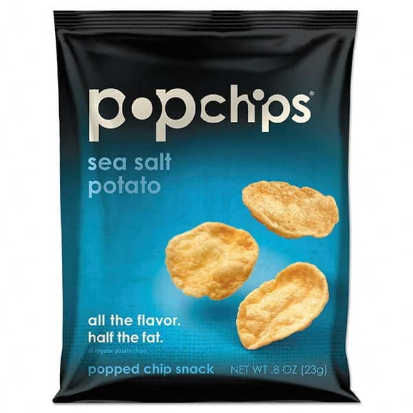 PopChips - Snacks, Cookies, Candy & Gum Breakroom Accessory Type: Potato Chips Breakroom Accessory Description: Potato Chips, Sea Salt Flavor, .8 oz Bag, 24/Carton - Makers Industrial Supply