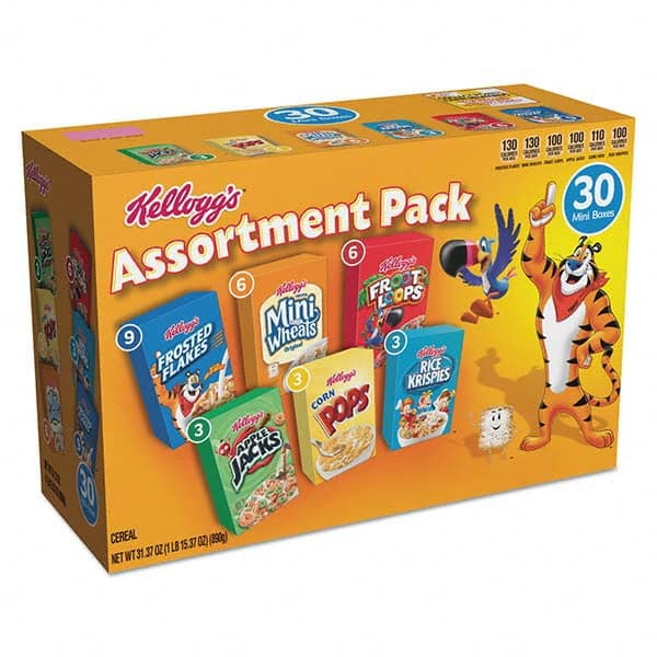 Kellogg's - Snacks, Cookies, Candy & Gum Breakroom Accessory Type: Cereal Breakroom Accessory Description: Breakfast Cereal Mini Boxes, Assorted, 2.39 oz Box, 30/Carton - Makers Industrial Supply