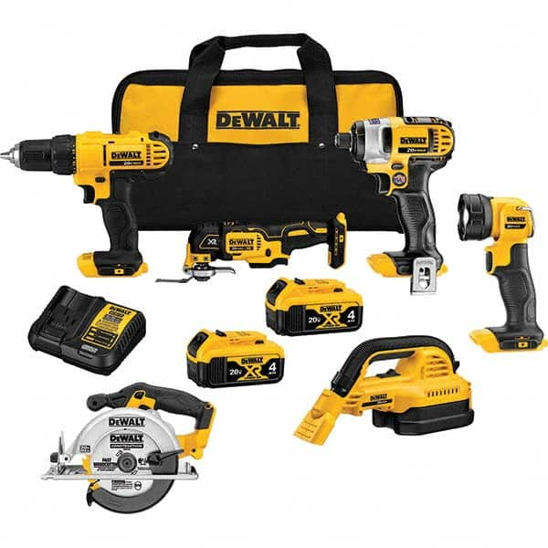 DeWALT - Cordless Tool Combination Kits Voltage: 20 Tools: 1/2" Drill/Driver; 1/4" Impact Driver; Wet-Dry Vacuum; Work Light; 6-1/2" Circular Saw; Oscillating Multi-Tool - Makers Industrial Supply