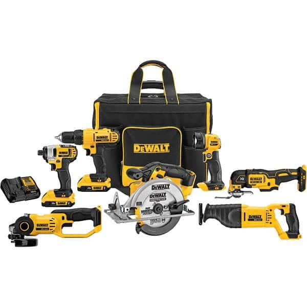 DeWALT - Cordless Tool Combination Kits Voltage: 20 Tools: 1/2" Drill/Driver; 1/4" Impact Driver; 6-1/2" Circular Saw; Work Light; Reciprocating Saw; Grinder; Blue Tooth Speaker - Makers Industrial Supply