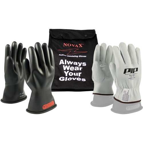 ‎150-SK-0-14/7-KIT - Novax Insulating Glove Kit - Class 0 - 14″ - Black - Straight Cuff - Exact Industrial Supply