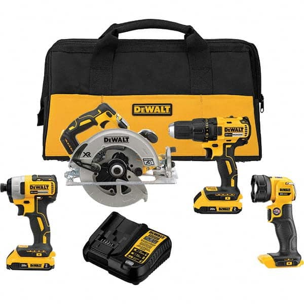 DeWALT - Cordless Tool Combination Kits Voltage: 20 Tools: Brushless 1/2" Cordless Drill/Driver; Brushless 1/4" Cordless Impact Driver; Brushless XR 7-1/4 Circular Saw; Cordless LED Work Light - Makers Industrial Supply