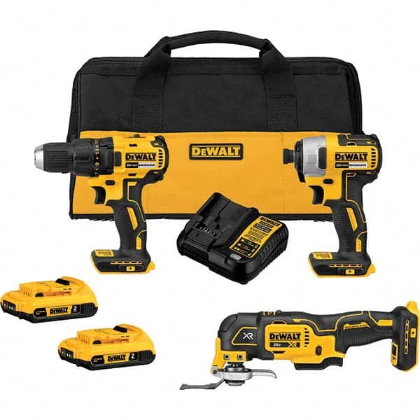 DeWALT - Cordless Tool Combination Kits Voltage: 20 Tools: Brushless 1/2" Cordless Drill/Driver; Brushless 1/4" Cordless Impact Driver; Brushless 3-Speed Cordless Oscillating Multi-Tool - Makers Industrial Supply