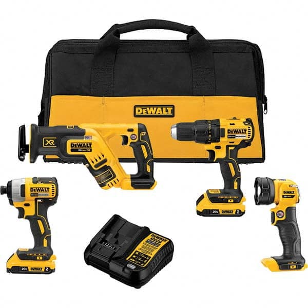 DeWALT - Cordless Tool Combination Kits Voltage: 20 Tools: Brushless 1/2" Cordless Drill/Driver; Brushless 1/4" Cordless Impact Driver; Brushless Cordless Compact Reciprocating Saw; Cordless LED Work Light - Makers Industrial Supply