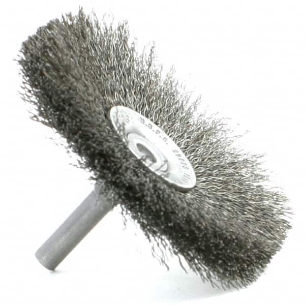 Brush Research Mfg. - 1-1/2" Brush Diam, Crimped, Flared End Brush - 1/4" Diam Steel Shank, 2,500 Max RPM - Makers Industrial Supply