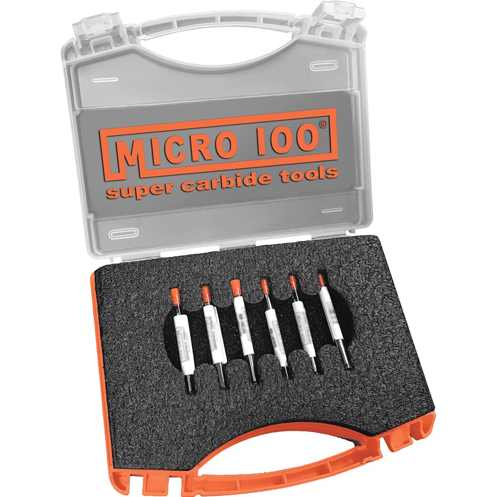 Micro 100 - Boring Bar Sets; Shank Diameter (Inch): 1/8 ; Minimum Bore Diameter - Smallest Bar (Inch): .0180 ; Minimum Bore Diameter - Largest Bar (Inch): 0.0405 ; Maximum Bore Depth - Smallest Bar (Inch): .075 ; Maximum Bore Depth - Exact Industrial Supply