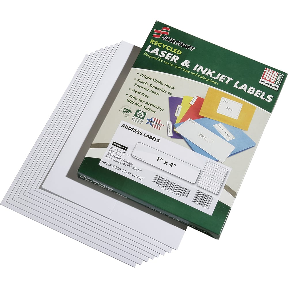 Ability One - Labels, Ribbons & Tapes; Type: Address Labels ; Color: White ; For Use With: Laser & Inkjet Printers ; Width (Inch): 1 ; Length (Inch): 4 ; Number of Labels: 2000 - Exact Industrial Supply