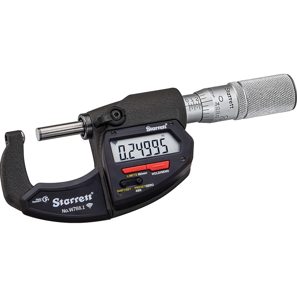 Starrett - Electronic Outside Micrometers; Type: Wireless Electronic Micrometer with Rounded Anvil ; Minimum Measurement (Decimal Inch): 0 ; Minimum Measurement (mm): 0 ; Maximum Measurement (mm): 25 ; Maximum Measurement (Decimal Inch): 1 ; Thimble Type - Exact Industrial Supply