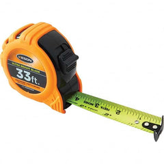 Tape Measure: 33' Long, 1″ Width, High-Visibility Yellow & White Blade 1/10 & 1/100' Graduation, B22 & B34 Graduation, Black & Orange Case